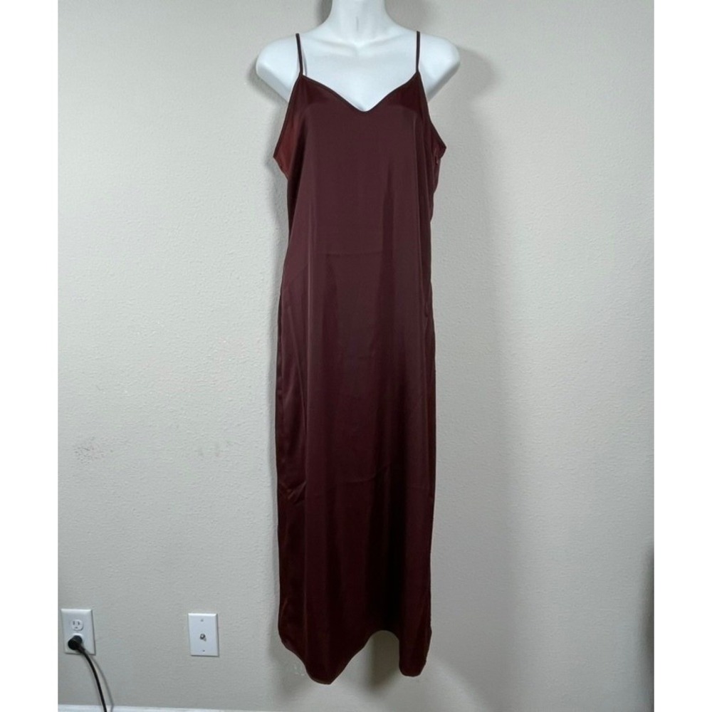 Rachel Zoe‎ Slip Dress Womens S Burgundy Satin V-Neck Midi Back Slit